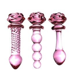 New Pink Rose Glass Anal Plug Smooth Anal Beads Prostata Massage Glass Butt Plug Adult Sex Toys for Women Men Glass Dildo Y191030