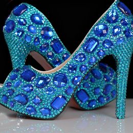 Peep Toe Blue Rhinestone Wedding Shoes Platform Diamond Bling High Heel Pumps Crystal Bride Handmade Party Prom Dress Heels