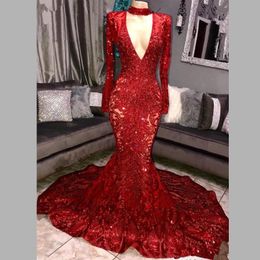 Sparkly Beaded Prom Dresses Lace V-Neck Long Sleeve Mermaid Evening Dress Bling Beading Red Carpet Celebrity Formal Cocktail Party Gowns