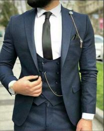 High Quality One Button Dark Navy Wedding Groom Tuxedos Peak Lapel Groomsmen Men Formal Prom Suits Bridegroom (Jacket+Pants+Vest+Tie) W110