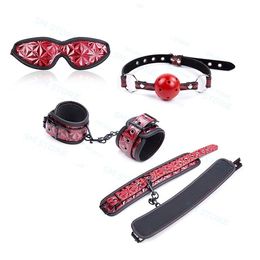 4pcs Bondage Red Faux Leather Restriant Handcuff Ankle Cuff Eye Blinder Gag Gift Kit SM A87