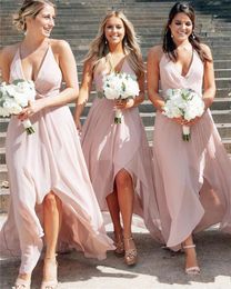 Setwell Hi-Lo V-neck A-line Bridesmaid Dresses Halter Sleeveless Pleated Chiffon Plus Size Maid Of Honour Gowns