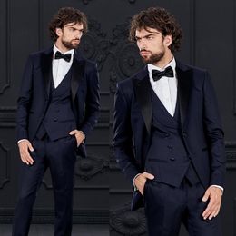 Navy Blue 3 Piece Suit Men Wedding Tuxedos Peak Lapel Groom Tuxedos Fashion Men Business Dinner Prom Blazer(Jacket+Pants+Tie+Vest) 893