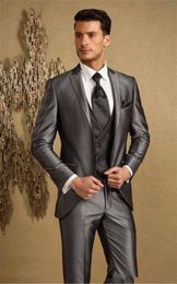 Fashion Silver Grey Groom Tuxedos Peak Lapel Groomsman Wedding Dress Excellent Men Formal Business Prom Party Suit(Jacket+Pants+Tie+Vest) 86