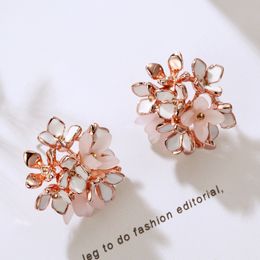 Fashion- New Elegant Rose Gold Color Flower Stud Earrings for Women Enamel & Pink Resin Earring Trendy Jewelry