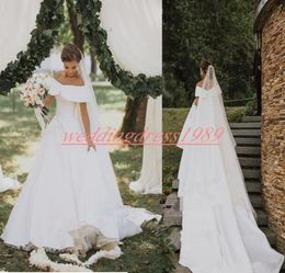 Charming Bateau Neck White Wedding Dresses 2020 Satin A-Line Said Mhamad Church Bridal Ball Gowns Train Bride Dress Vestido de novia
