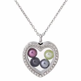 Pearl Beads Cage Silver Color Geometry Heart With Rhinestone Magnetic Glass Floating Locket Pendants Women Charms 20" Necklace K1256