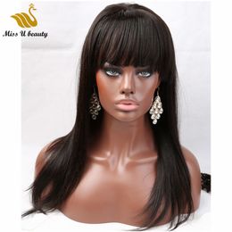 Straight HumanHair Wigs with Bangs Unprocessed Virgin Hair Cuticle Aligned Natural Colour Lace Front Wig for Black Women