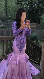 Lilac Purple Sleeves Mermaid Prom Dresses Sexy African Plus Size Evening Gown Black Girl Formal Party Dress
