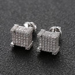 Hip Hop Earrings for Men Gold Silver Iced Out CZ Square Stud Earring With Screw Back Jewelry