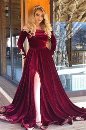 Vintage Long-Sleeves Off-the-shoulder Floor-Length A-line Velvet Prom Dresses Side Split Evening Gowns Formal Dresses Wear Custom Made