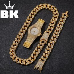 Hip Hop Gold Color Cuban Chain Gold Silver Necklace and Bracelet Set Free Luxury Combination of Watch and Necklace Set T200113