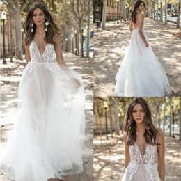 Berta Bohemia Wedding Dresses Deep V Neck Sexy Backless Lace Beach Bridal Gowns Sweep Train Plus Size A Line Wedding Dress