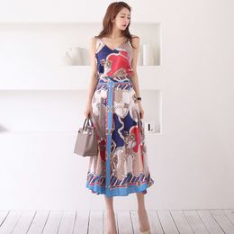 New Two-piece Sets 2019 Summer Fashion Women Suits Sexy V-neck Backless Sling Top + Fashion Print Big Swing Long Skirt Suit