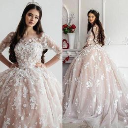 Romantic Arabic Champagne Ball Gown Wdding Dresses With Hand Made Flowers Appliques Pearls Beads Illusion Long Sleeves Princess Bridal Gowns