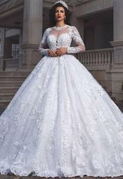 2020 Arabic Dubai Modern A Line Wedding Dresses Jewel Neck Full Lace Appliques Beads Long Sleeves Floor Length Puffy Plus Size Bridal Gowns
