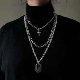 Cross Square Multilayer Pendant Necklace Hip Hop Long Chain Metal Cool Simple Vintage Charm Necklace for Women Men Punk Statement Jewelry