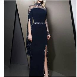 Setwell Navy Blue High Neck A-line Evening Dress Long Sleeves Sequins Beaded Floor Length Split Prom Party Gown