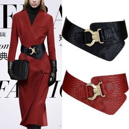 Fashion new luxury designer female woman wide elastic crocodile genuine leather belt geometric metal buckle for coat dress 88cm