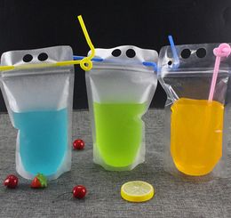 Clear Drink Pouches Bags frosted Zipper Stand-up Plastic Drinking Bag with straw with holder Reclosable Heat-Proof GD338