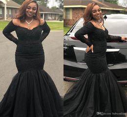 Newest African Black Prom Dresses Elegant Mermaid Off Shoudler Long Sleeve Lace Appliques Beads Trumpet Long Evening Gowns Custom Made