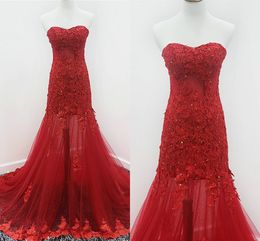 Mermaid Sexy Red Dresses Evening Wear 2019 Floral Applique Beaded Sequin Strapless Backless Special Occasion Women Formal Prom Dress