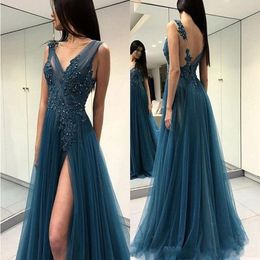 Prom Dresses V Neck Illusion Tulle Lace Appliques Crystal Beaded Long Split Open Back Floor Length Party Dress Formal Evening Gowns