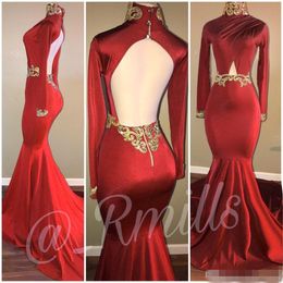 2019 Red Backless Prom Dresses Sexy Backless Long Sleeves Gold Lace Applique Sequins Sweep Train Evening Party Gowns Custom Made