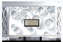 3D customized large photo mural wallpaper Blue hand-painted floral three-dimensional circle modern fashion 3D living room TV background wall