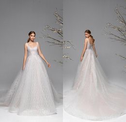 2021 Fashion Wedding Dresses Square Neckline Backless Bridal Gowns Custom Made Lace Applique Sequins Sweep Train A-Line Wedding Dress