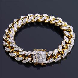 Gold Silver Color 14mm Width Hiphop Cuban Miami Chain Bracelet Iced Out Cubic Zirconia Miami Bangle Men's Punk Jewelry Gifts