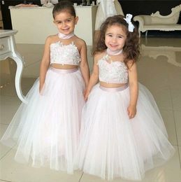 Blush Pink 2 Piece Flower Girl Dresses High Collar Lace Princess First Communion Dress Girls Pageant Dresses Toddler Party 2019 Cheap