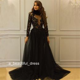 Prom Dresses Black Lace Appliques Long Transparent Sleeve Tulle Floor Length Sheer Evening Dresses Gowns PD5559
