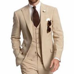 2020 Beige Three Piece Business Party Best Men Suits Peaked Lapel Two Button Custom Made Wedding Groom Tuxedos Jacket Pants Vest