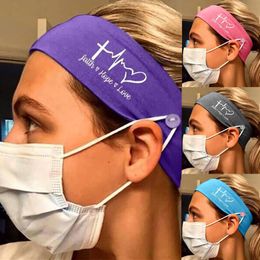 Headbands with Buttons Nurses Headband for Holding Mask Sweat Band Gym Yoga Elastic Workout Bands Letter Printed Headband