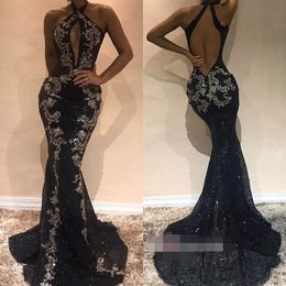 2022 Black Halter Mermaid Prom Dresses Sequins Crystals Formal Evening Party Gowns Luxury robes de soirée