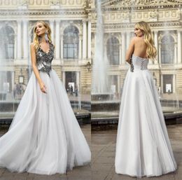 2020 Beaded Collar Evening Dresses Formal Sleeveless Appliqued Sequins Crystal Prom Dress Sweep Train Backless Custom Made Party Gown Cheap