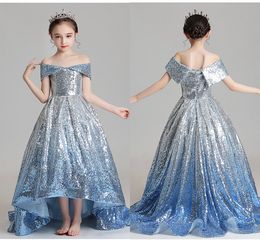 Lovely Silver to Blue Sequins Satin Girls Pageant Dresses Off The Shoulder Pleated Short Sleeve Short Front Long Back Train Teens Party Dres