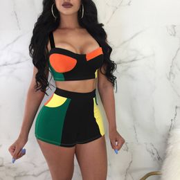 Women Jumpsuit Two Piece Set Sexy Club Sexy Sleeveless Stitching Crop Top And Bodycon Shorts Suit Set Women Outfits
