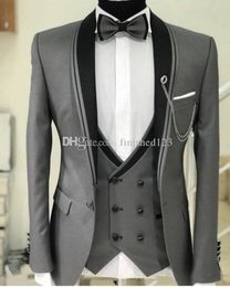High Quality One Button Grey Wedding Groom Tuxedos Shawl Lapel Groomsmen Men Formal Prom Suits (Jacket+Pants+Vest+Tie) W174