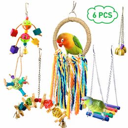 6Pcs Pet Parrot Bird Toys Set Funny Assorted Bite Resistant Bird Cage Toy Colourful Swing/Hanging Ring/Chew Toy Vogel Speelgoed