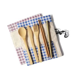 Portable bamboo cutlery travel set fork chopstick knife spoons straw brushes 6 pcs outdoor picnic kit reusable