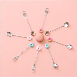 Forks Stainless steel cartoon tableware creativity lovely doughnut dessert fork net coffee mixing spoons