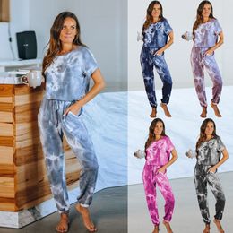 Spot female Jumpsuits explosion models tie-dye street casual pants short-sleeved round neck T-shirt suit comfortable jumpsuit