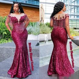 Plus Size Evening Bury Dresses Sheer Scoop Neck Tassles Sparkly Sequins Mermaid African Short Cap Sleeves Prom Party Gown New
