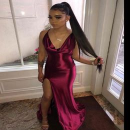 Simple Burgundy Satin Prom Dresses Long V Neck Sexy Backless Evening Party Gowns Side Slit Black Girls Prom Gowns