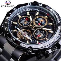 Cwp Forsining Classic Black Mens Mechanical Watches Tourbillon Hollow Skeleton Self-wind Date Moonphase Steel Belts Automatic Watch