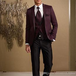 New Arrival Burgundy Groom Tuxedos Peak Lapel Men Prom Dress Wedding Party Groomsmen 3 pieces Suits (Jacket+Pants+Vest+Tie) K160
