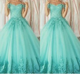 Aqua Blue Off Shoulder Sweet 16 Dresses Lace Applique Ruched Prom Quinceanera Dress Party Graduation Dresses For 8th Grade