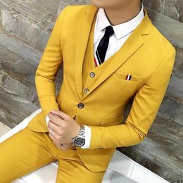 Hot Selling Groomsmen Notch Lapel Groom Tuxedos yellow Men Suits Wedding/Prom/Dinner Best Man Blazer ( Jacket+Pants+Tie+Vest) G377